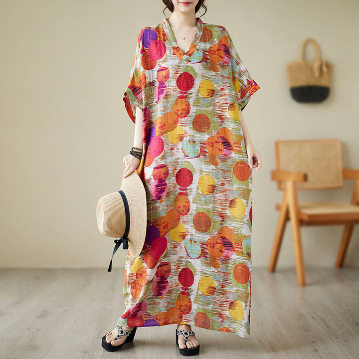 Buddha Stones Orange Blue Colorful Polka Dots Midi Dress Cotton Half Sleeve Dress With Pockets