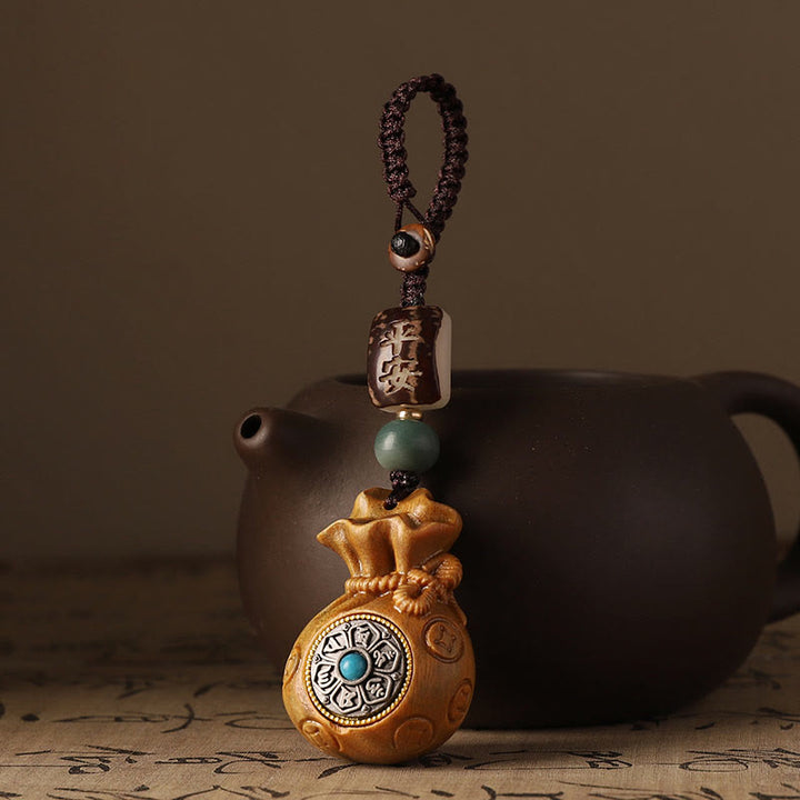 Buddha Stones Small Leaf Red Sandalwood Green Sandalwood Money Bag Om Mani Padme Hum Rotatable Protection Keychain Phone Hanging Decoration - image 9