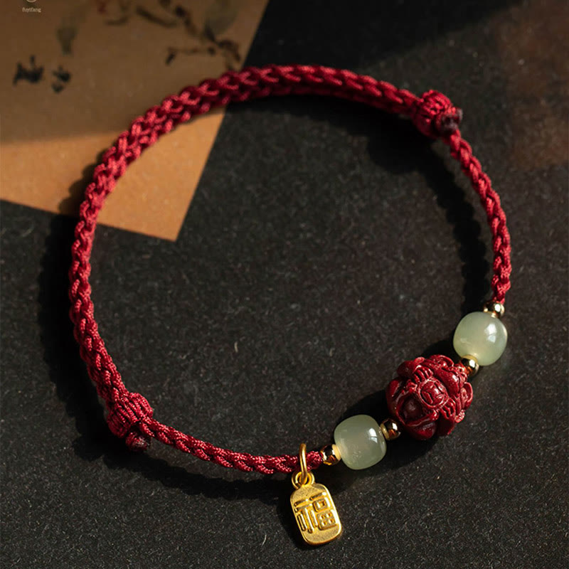 Buddha Stones Natural Cinnabar Chinese Zodiac Hetian Jade Fu Character Luck Rope Bracelet