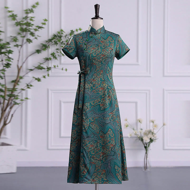 Buddha Stones Vintage Auspicious Clouds Leaf Print Cheongsam Dress Women's Qipao Dress - Green Pattern - US16，UK/AU20，EU48 (5XL) - image 13