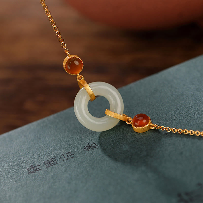 Buddha Stones 925 Sterling Silver Plated Gold Natural Hetian Jade Peace Buckle Red Agate Luck Bracelet - image 1