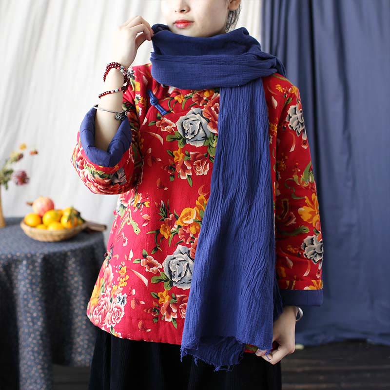 Buddha Stones Flowers Cotton Linen Jacket Shirt Chinese Northeast Style Winter Clothing