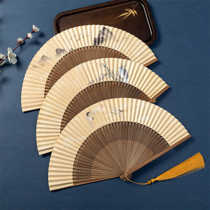 Buddha Stones Lotus Dragonfly Wild Geese Plum Blossom Handheld Silk Bamboo Folding Fan 22.5cm