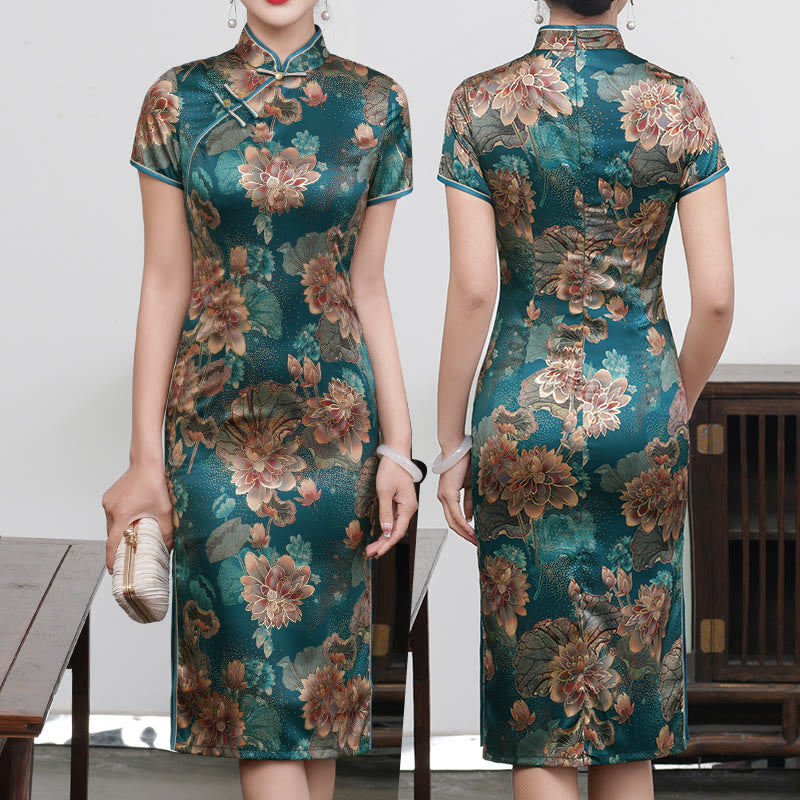 Buddha Stones Retro Flower Lotus Peony Feather Print Qipao Dress Women's Cheongsam Dress