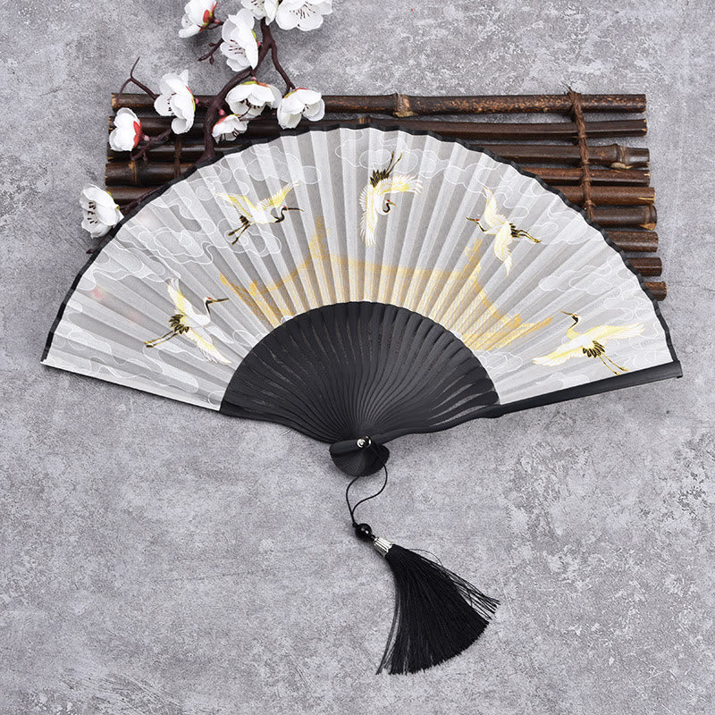 Buddha Stones Vintage Cloud Crane Pattern Handheld Bamboo Folding Fan - Beige Black Bamboo - image 8