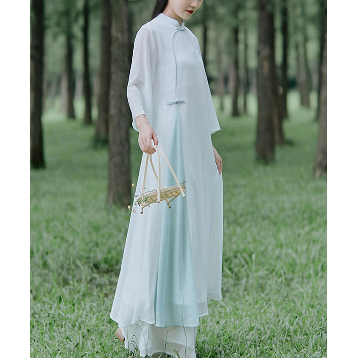 Buddha Stones Three Quarter Sleeve Chiffon Cheongsam Midi Dress Wide Leg Pants Meditation Zen Practice Clothing