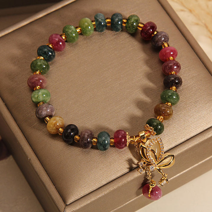 Buddha Stones Colorful Tourmaline Butterfly Charm Wisdom Bracelet