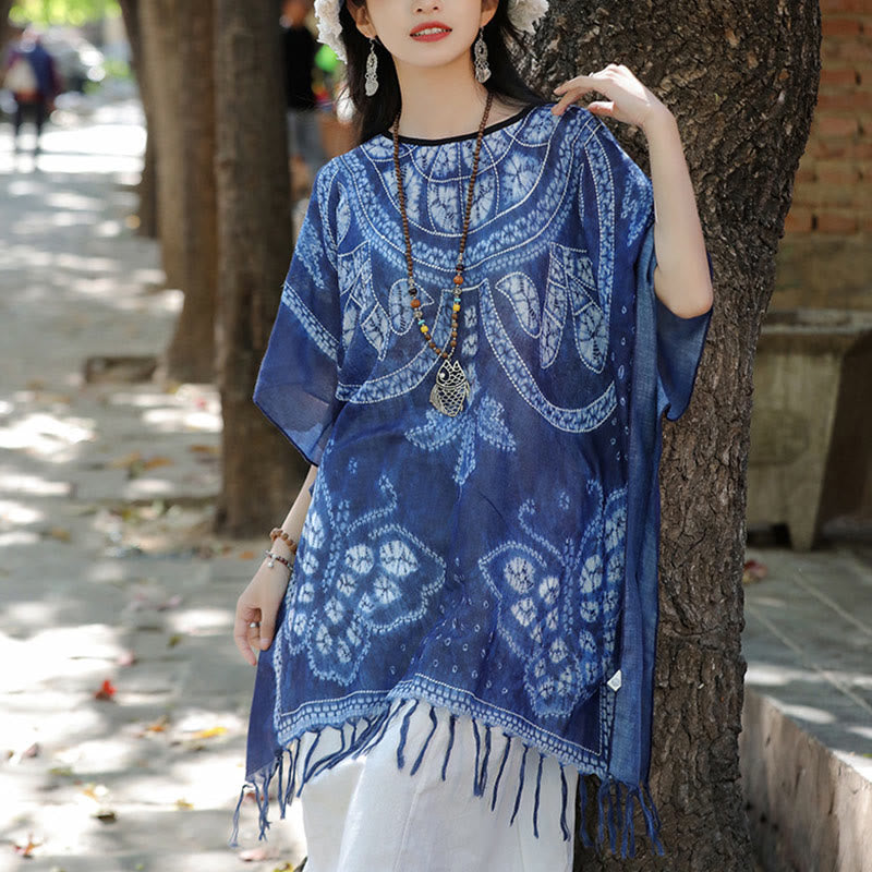 Buddha Stones Blue Butterfly Indigo Dyeing Shawl Tassels Cozy Travel Pullover 90*95cm