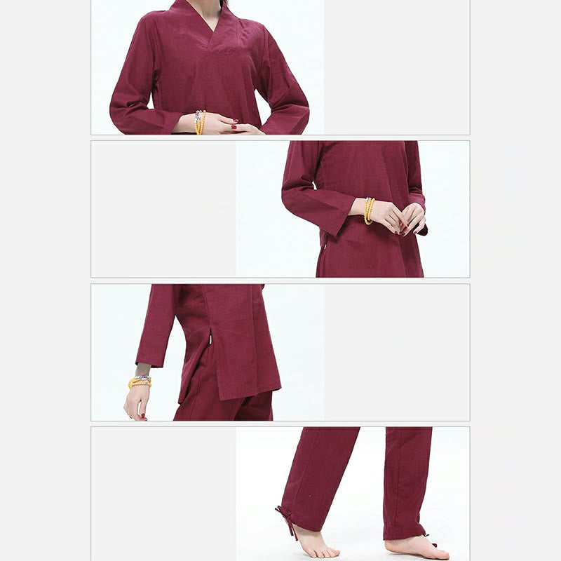 Buddha Stones Zen Practice Yoga Meditation Prayer V-neck Design Uniform Cotton Linen Clothing Women's Set - image 4