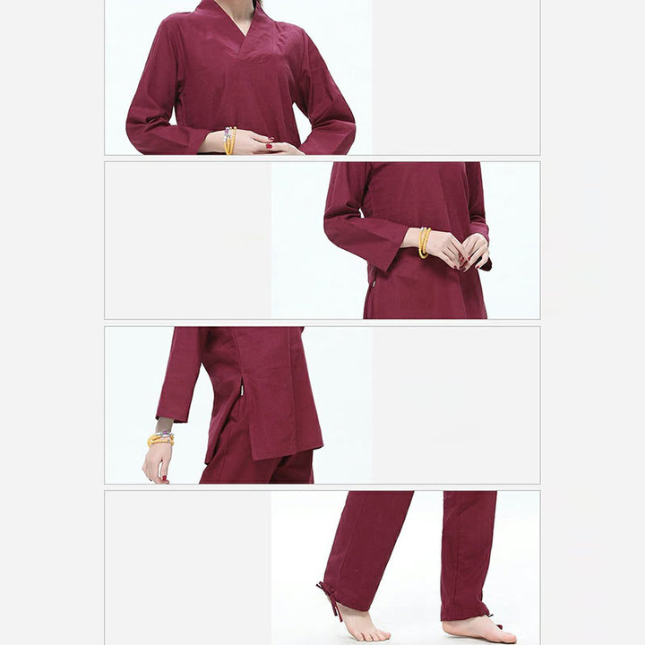 Buddha Stones Zen Practice Yoga Meditation Prayer V-neck Design Uniform Cotton Linen Clothing Women's Set - image 4