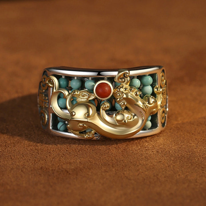 Buddha Stones 925 Sterling Silver Turquoise Red Agate PiXiu Abacus Protection Ring - Turquoise (Purification ♥ Protection) - image 0