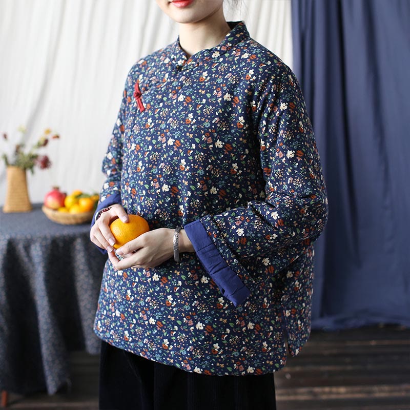 Buddha Stones Flowers Cotton Linen Jacket Shirt Chinese Northeast Style Winter Clothing