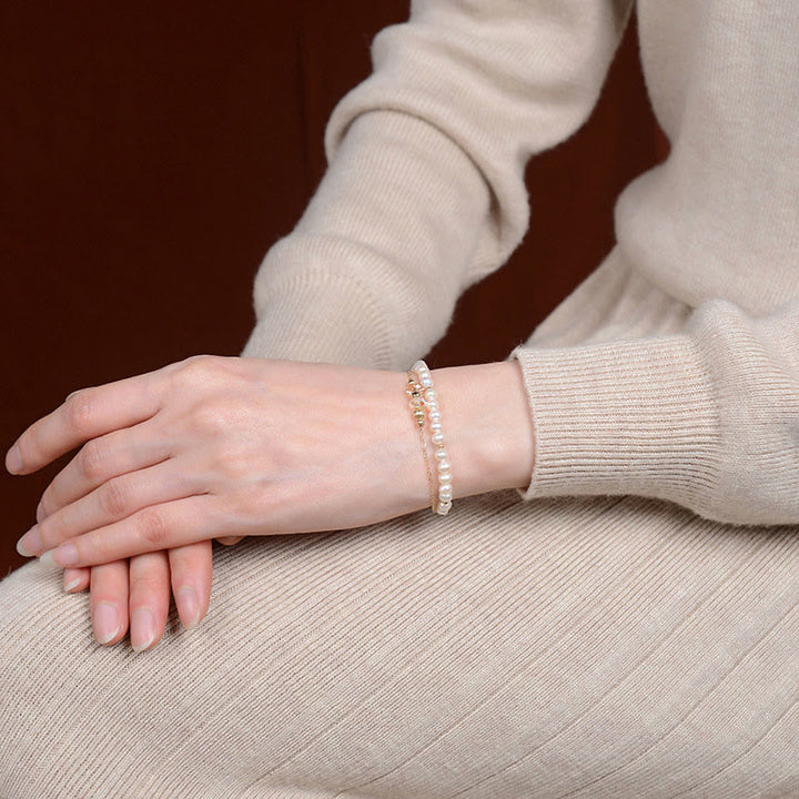 Buddha Stones 925 Sterling Silver Plated 14k Gold Natural Pearl Crystal Healing Double Layer Bracelet - image 3