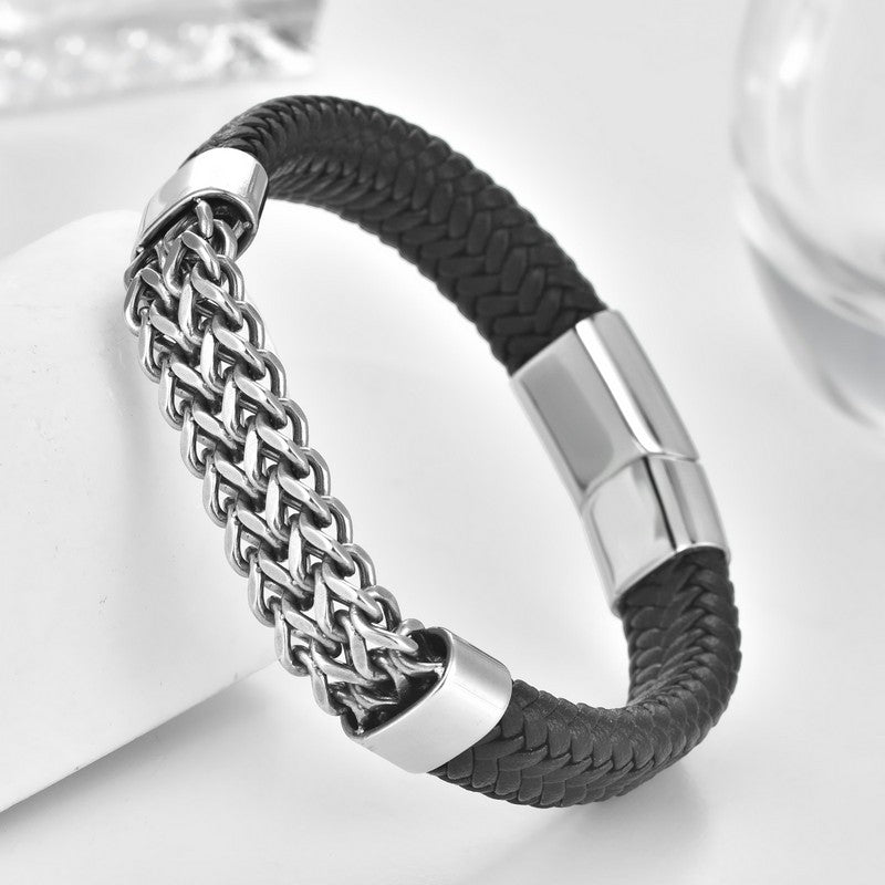 Buddha Stones Black Leather Braided Pattern Strength Chain Buckle Bracelet - image 1