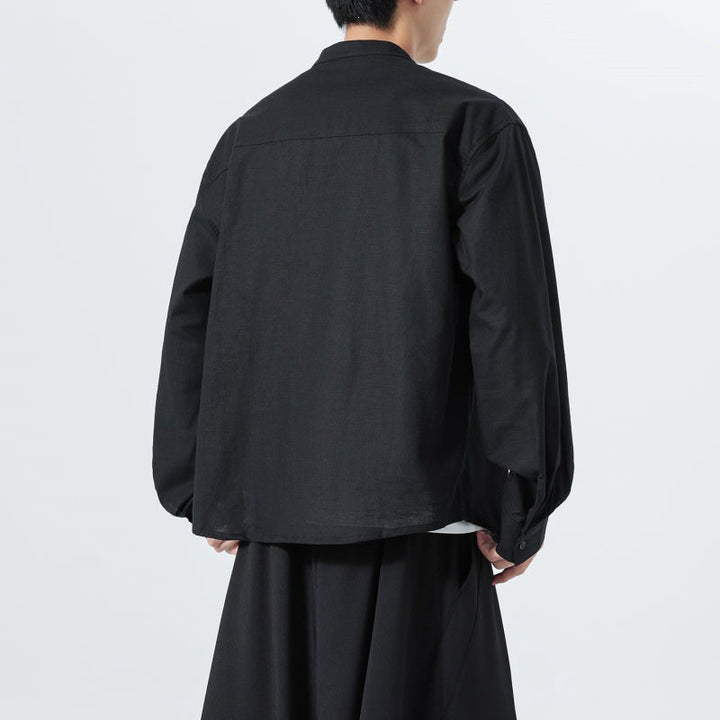 Buddha Stones Fall Minimalist Tang Style Mandarin Collar Patch Pocket Solid Men's Long Sleeve Shirts With Pocket - image 11