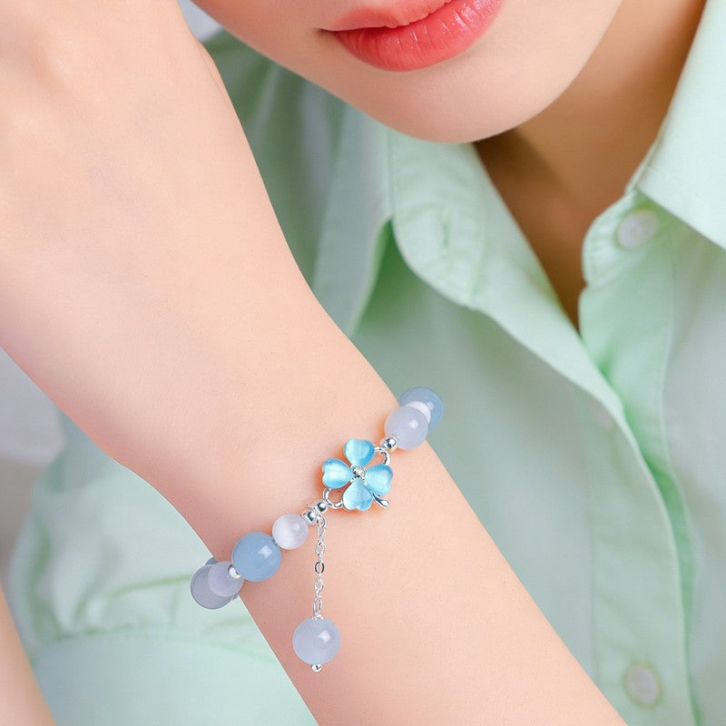Buddha Stones Prehnite Rose Quartz Blue Chalcedony Lucky Clover Love Bracelet - image 9