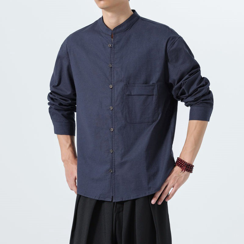 Buddha Stones Fall Minimalist Tang Style Mandarin Collar Patch Pocket Solid Men's Long Sleeve Shirts With Pocket - image 16