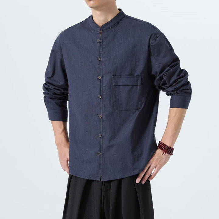 Buddha Stones Fall Minimalist Tang Style Mandarin Collar Patch Pocket Solid Men's Long Sleeve Shirts With Pocket - image 16