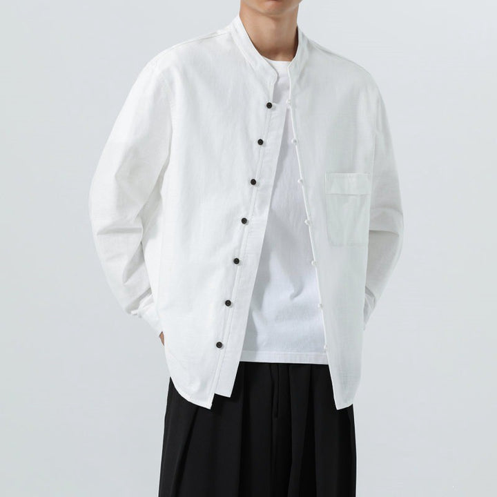 Buddha Stones Fall Minimalist Tang Style Mandarin Collar Patch Pocket Solid Men's Long Sleeve Shirts With Pocket - image 22