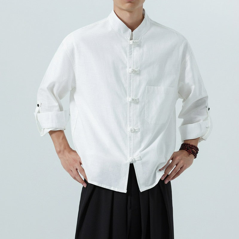 Buddha Stones Spring Fall Tang Style Minimalist Frog Button Mandarin Collar Solid Men's Long Sleeve Shirts With Pocket - White - US/UK/AU46，EU56 (5XL) - image 21