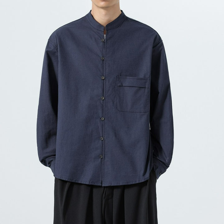 Buddha Stones Fall Minimalist Tang Style Mandarin Collar Patch Pocket Solid Men's Long Sleeve Shirts With Pocket - image 14