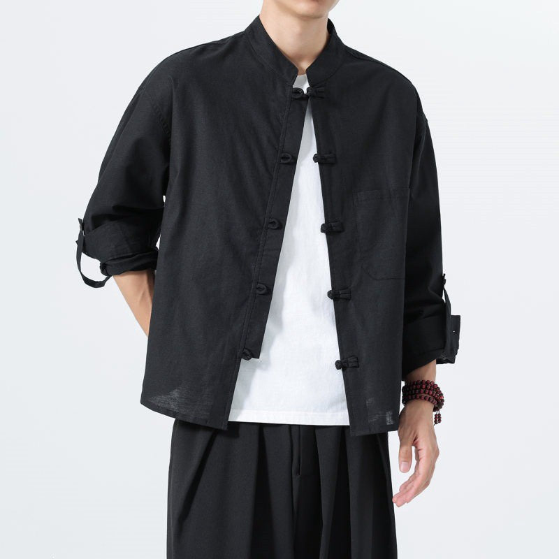 Buddha Stones Spring Fall Tang Style Minimalist Frog Button Mandarin Collar Solid Men's Long Sleeve Shirts With Pocket - image 12