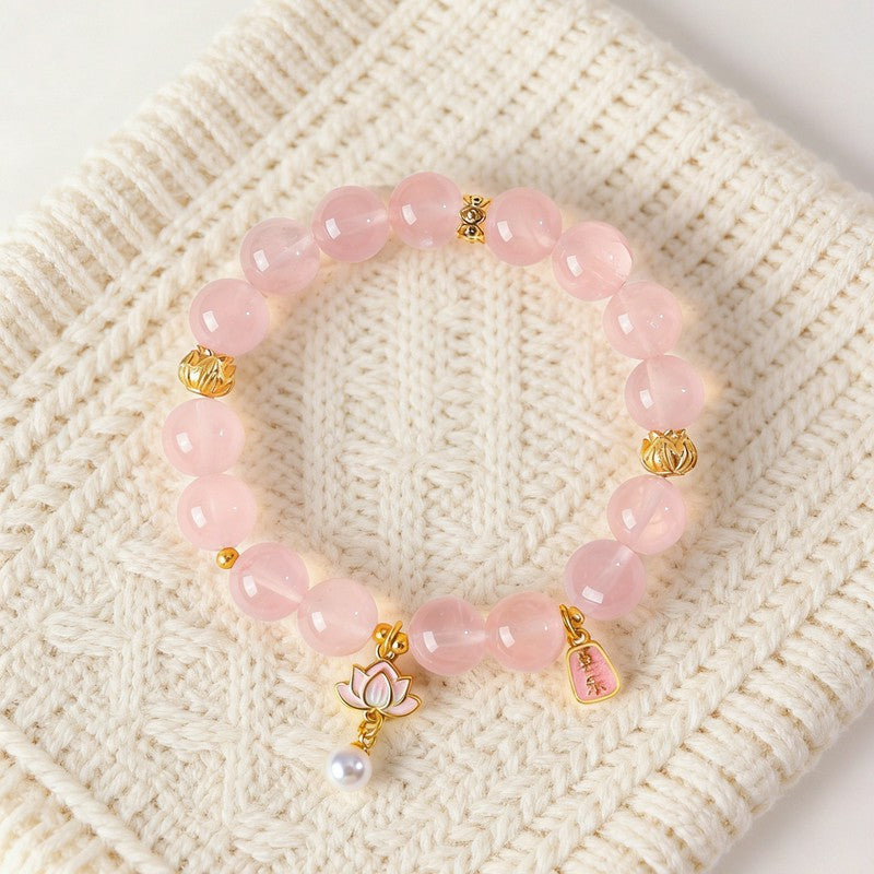 Buddha Stones Natural Rose Quartz Clear Quartz Lotus Charm Love Bracelet - image 1