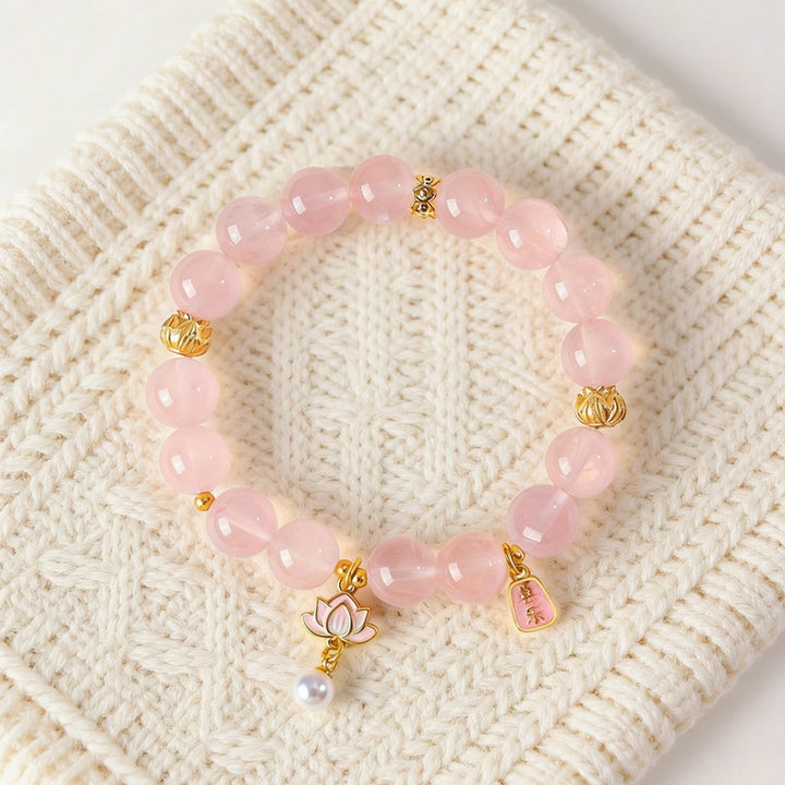 Buddha Stones Natural Rose Quartz Clear Quartz Lotus Charm Love Bracelet - image 1