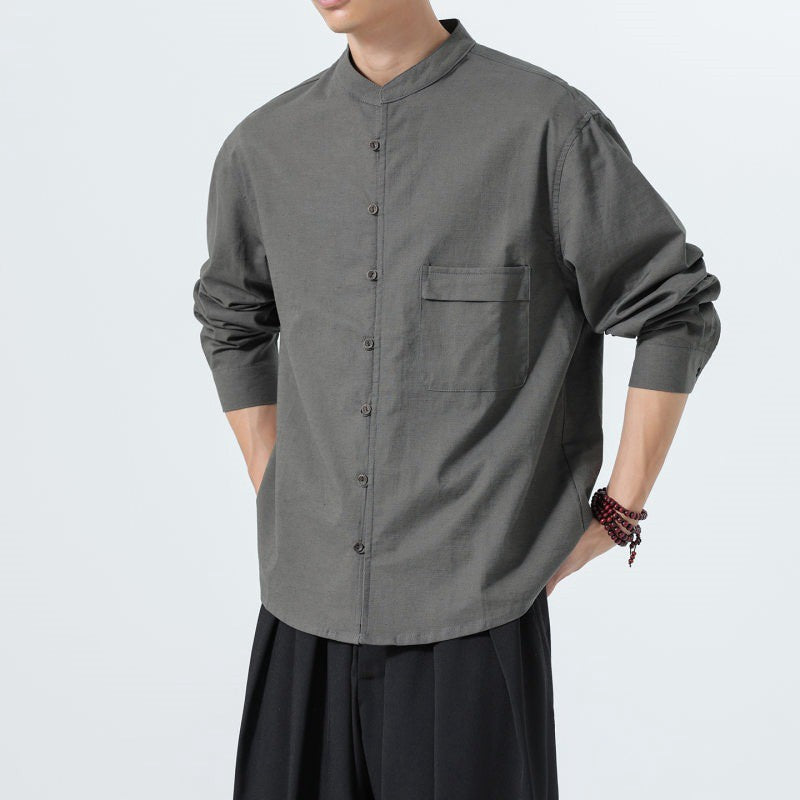 Buddha Stones Fall Minimalist Tang Style Mandarin Collar Patch Pocket Solid Men's Long Sleeve Shirts With Pocket - image 4