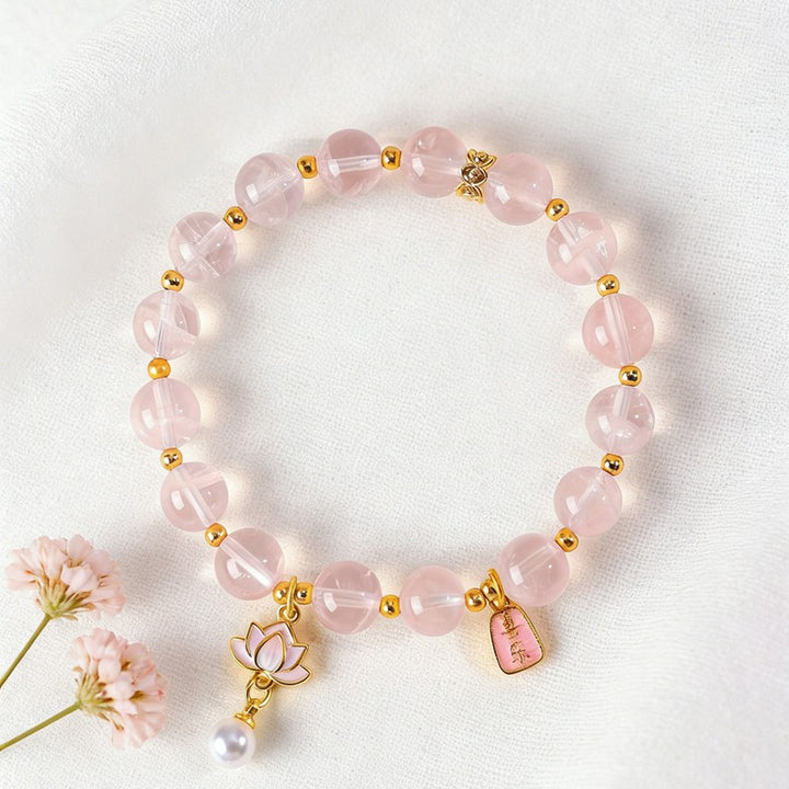 Buddha Stones Natural Rose Quartz Clear Quartz Lotus Charm Love Bracelet - image 12
