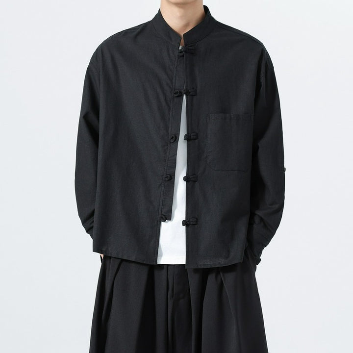 Buddha Stones Spring Fall Tang Style Minimalist Frog Button Mandarin Collar Solid Men's Long Sleeve Shirts With Pocket - Black - US/UK/AU46，EU56 (5XL) - image 7