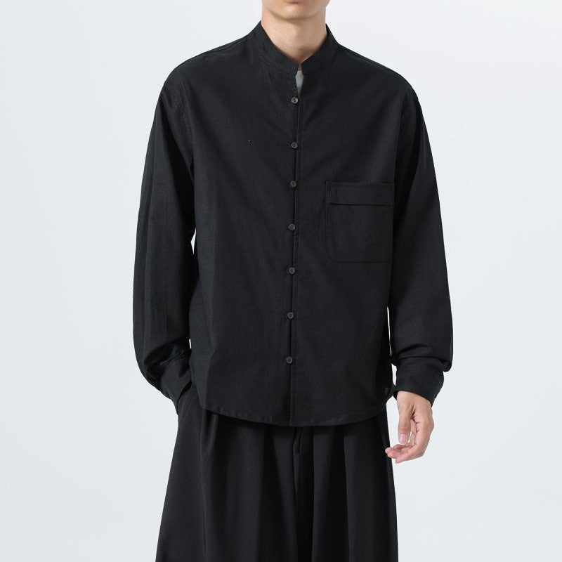 Buddha Stones Fall Minimalist Tang Style Mandarin Collar Patch Pocket Solid Men's Long Sleeve Shirts With Pocket - image 9