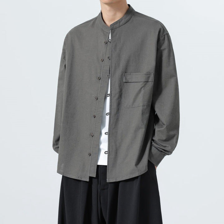 Buddha Stones Fall Minimalist Tang Style Mandarin Collar Patch Pocket Solid Men's Long Sleeve Shirts With Pocket - image 1