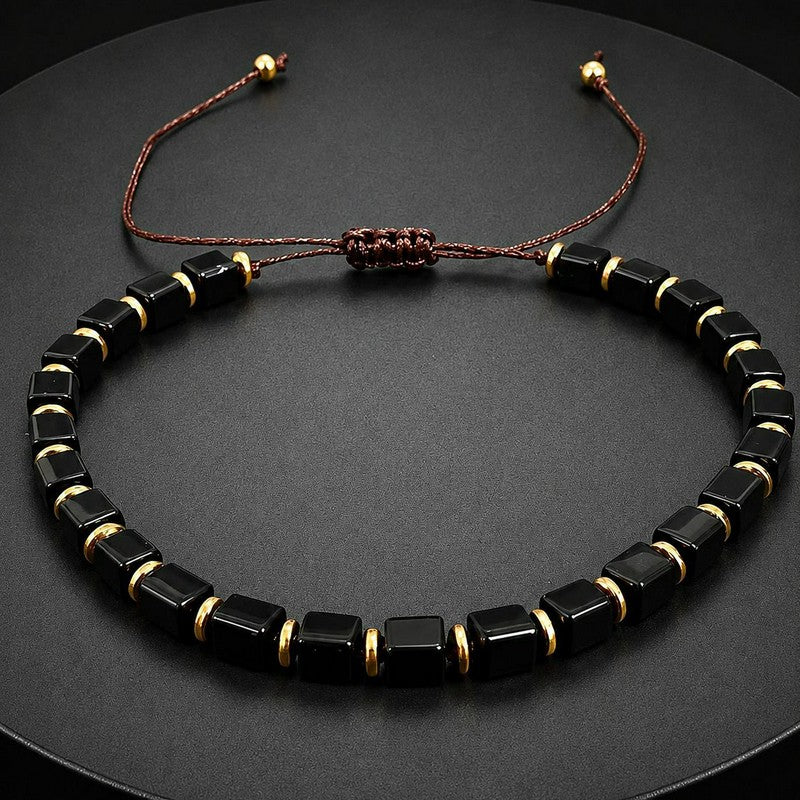 Buddha Stones Black Obsidian Protection Square Bead Braided Adjustable Bracelet - image 1