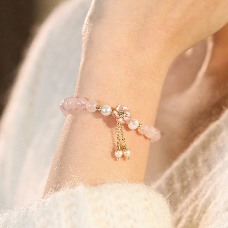 Buddha Stones Rose Quartz Pearl Flower Charm Love Bracelet - image 10