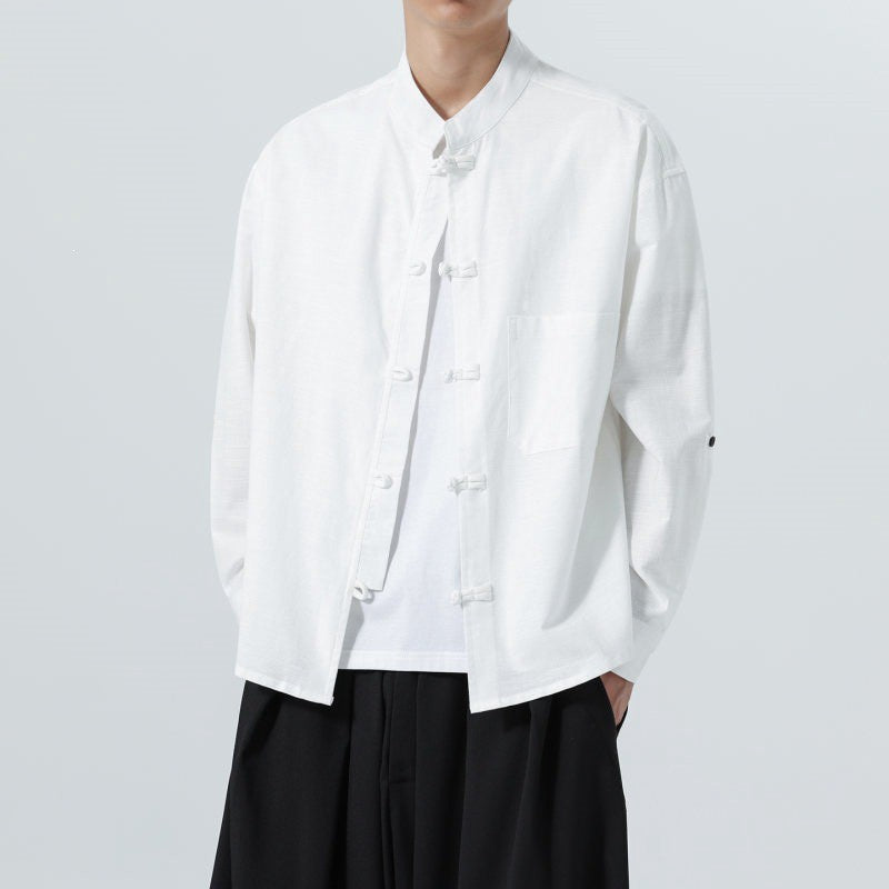 Buddha Stones Spring Fall Tang Style Minimalist Frog Button Mandarin Collar Solid Men's Long Sleeve Shirts With Pocket - image 26