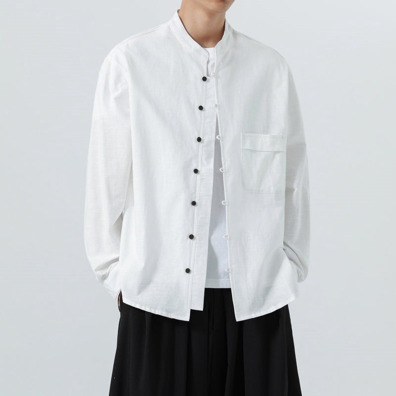 Buddha Stones Fall Minimalist Tang Style Mandarin Collar Patch Pocket Solid Men's Long Sleeve Shirts With Pocket - image 21