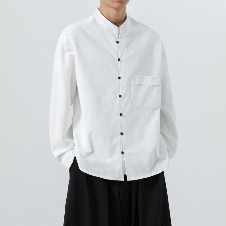 Buddha Stones Fall Minimalist Tang Style Mandarin Collar Patch Pocket Solid Men's Long Sleeve Shirts With Pocket - image 20