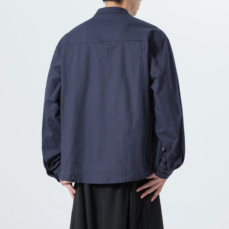 Buddha Stones Fall Minimalist Tang Style Mandarin Collar Patch Pocket Solid Men's Long Sleeve Shirts With Pocket - image 17