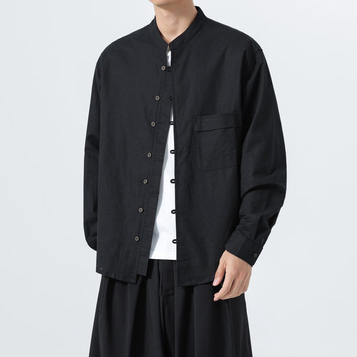 Buddha Stones Fall Minimalist Tang Style Mandarin Collar Patch Pocket Solid Men's Long Sleeve Shirts With Pocket - image 7