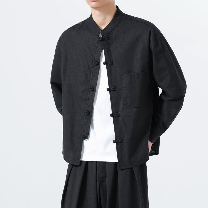 Buddha Stones Spring Fall Tang Style Minimalist Frog Button Mandarin Collar Solid Men's Long Sleeve Shirts With Pocket - image 9