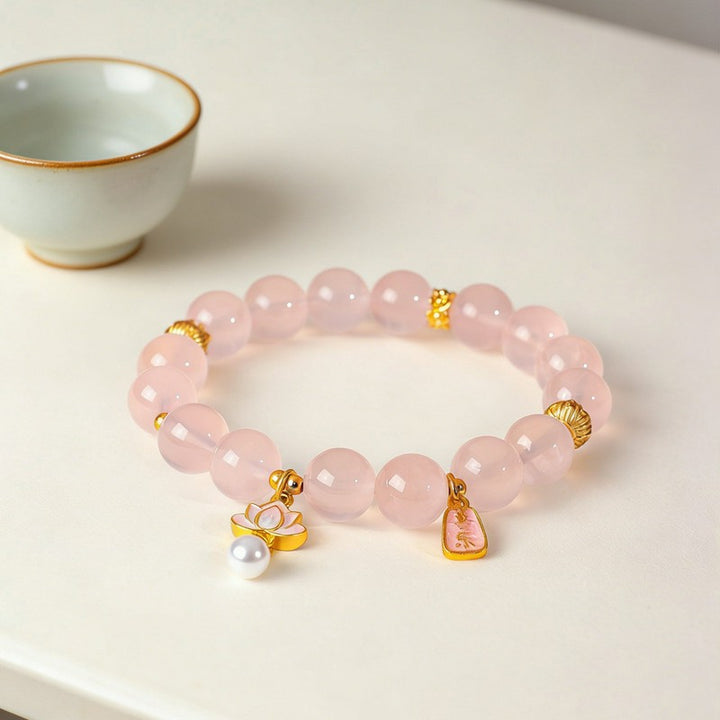 Buddha Stones Natural Rose Quartz Clear Quartz Lotus Charm Love Bracelet - image 3