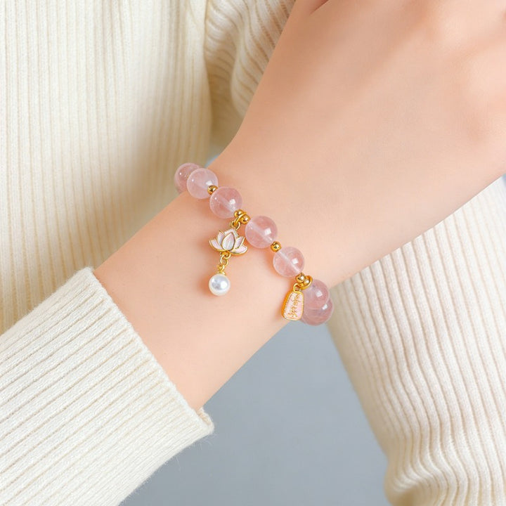Buddha Stones Natural Rose Quartz Clear Quartz Lotus Charm Love Bracelet - image 4