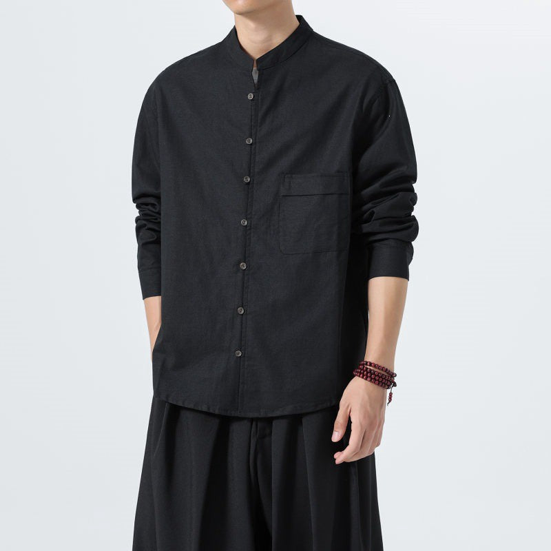 Buddha Stones Fall Minimalist Tang Style Mandarin Collar Patch Pocket Solid Men's Long Sleeve Shirts With Pocket - image 10