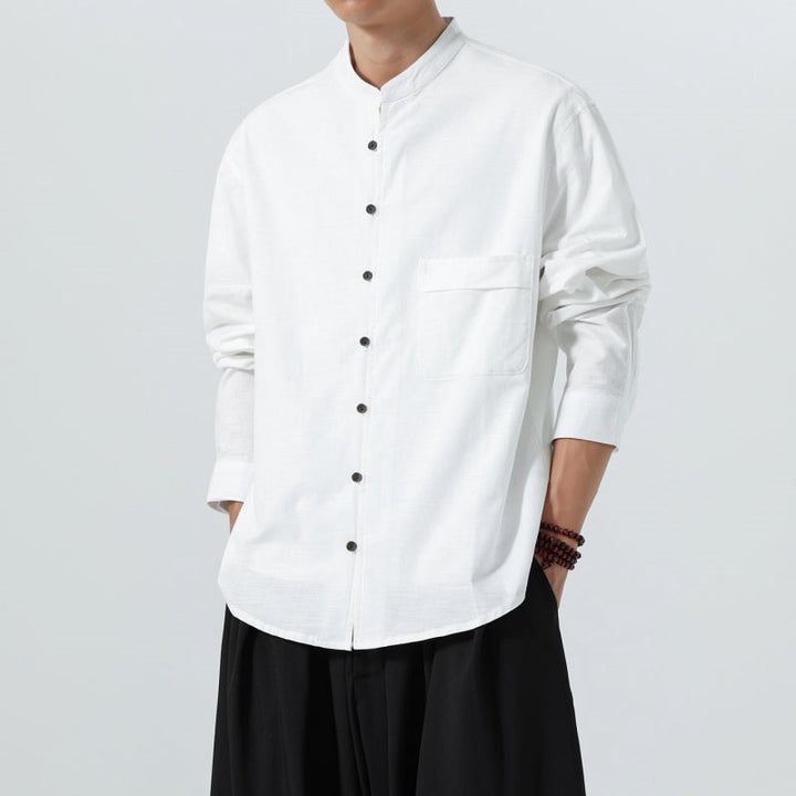 Buddha Stones Fall Minimalist Tang Style Mandarin Collar Patch Pocket Solid Men's Long Sleeve Shirts With Pocket - White - US/UK/AU46，EU56 (5XL) - image 18