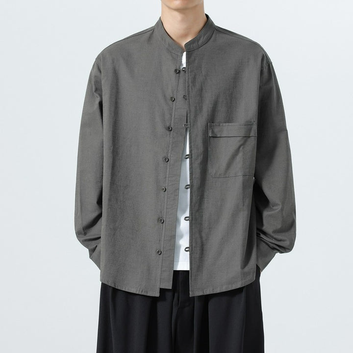 Buddha Stones Fall Minimalist Tang Style Mandarin Collar Patch Pocket Solid Men's Long Sleeve Shirts With Pocket - DimGray - US/UK/AU46，EU56 (5XL) - image 0