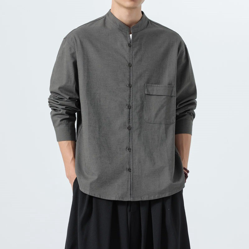 Buddha Stones Fall Minimalist Tang Style Mandarin Collar Patch Pocket Solid Men's Long Sleeve Shirts With Pocket - image 2