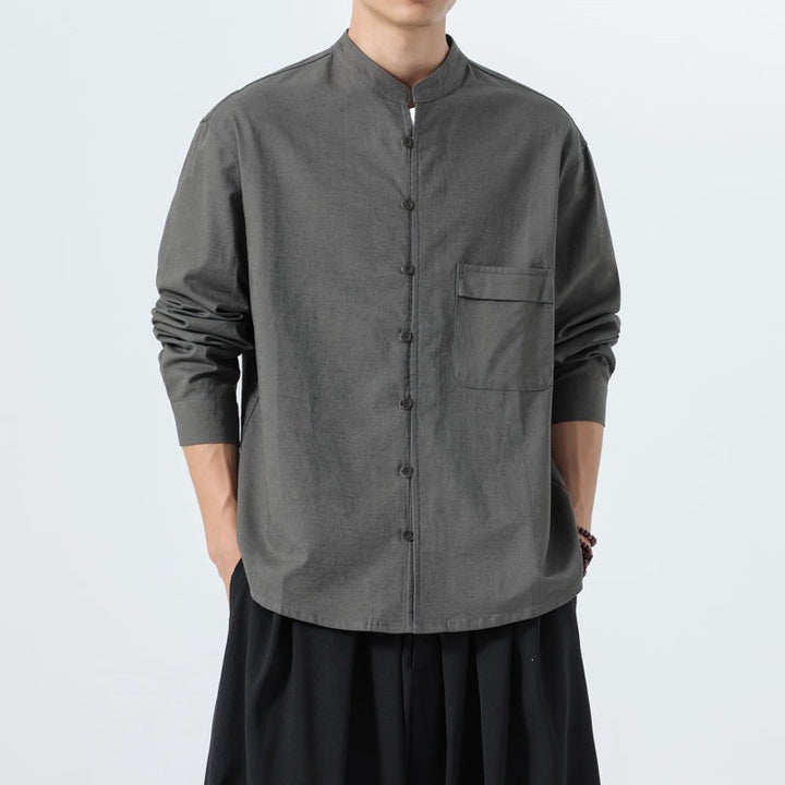 Buddha Stones Fall Minimalist Tang Style Mandarin Collar Patch Pocket Solid Men's Long Sleeve Shirts With Pocket - image 2
