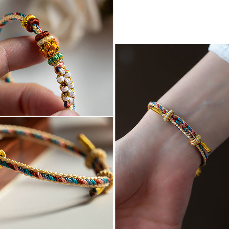 Buddha Stones Handmade Dunhuang Color Peach Blossom Pattern Braid String Bracelet