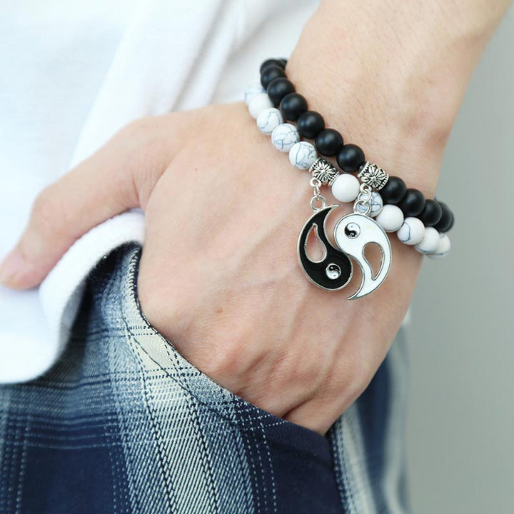 Buddha Stones 2pcs Natural Black Onyx White Turquoise Bead Yin Yang Couple Bracelet - image 2